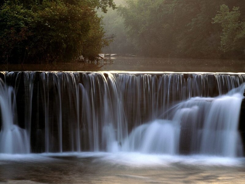Small Waterfall in Forest — Green, Serene, Morning, Photograph, Trees, River, Mist, Brown, White