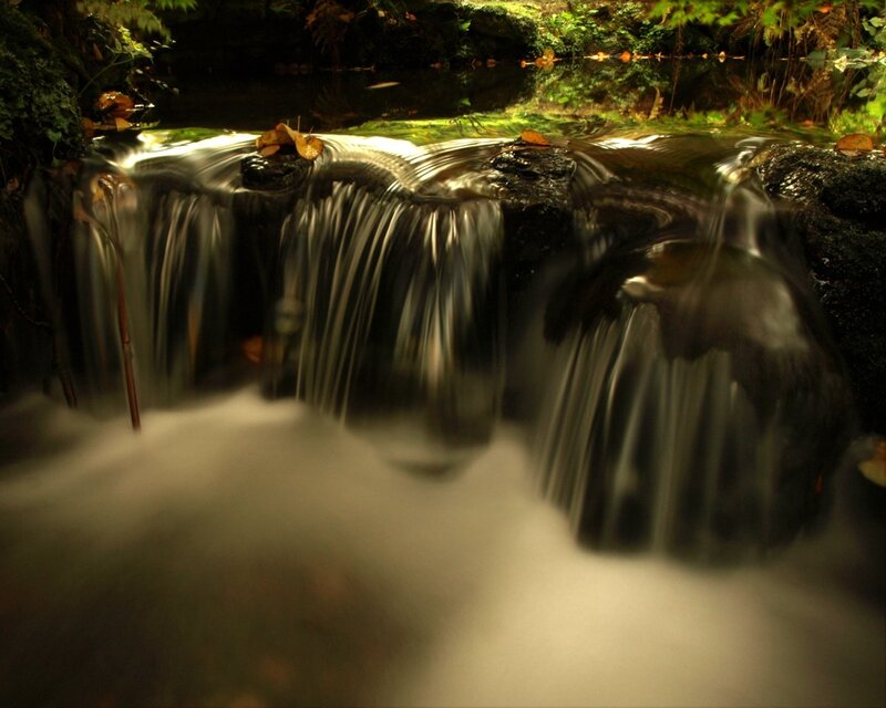 Small Waterfall in Forest — Green, Serene, Night, Photograph, Stream