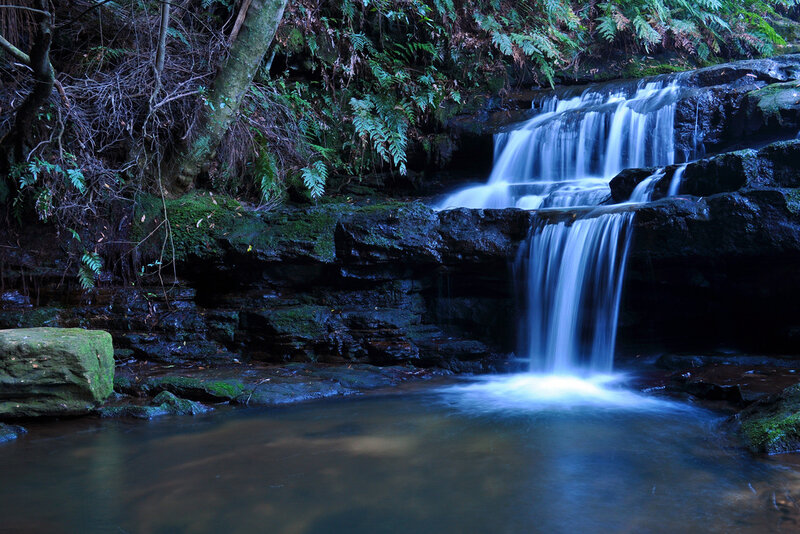 Small Waterfall in Forest — Green, Serene, Night