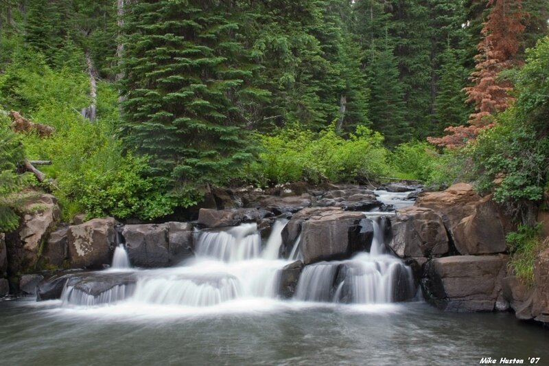 Small Waterfall in Forest — Green, Serene, Photograph, Trees, Rocks