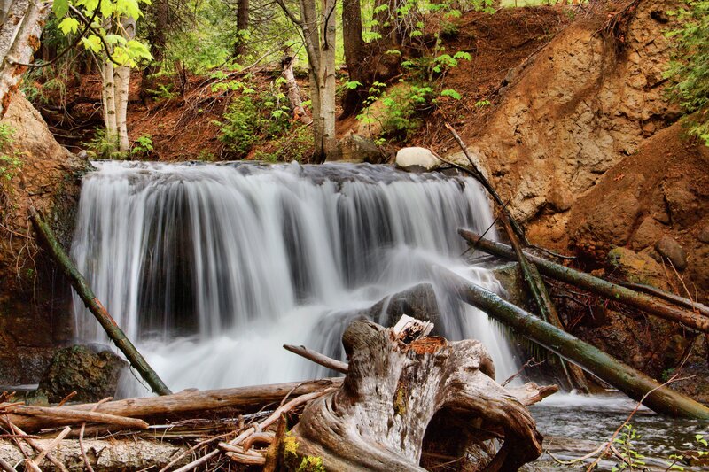 Small Waterfall in Forest — Green, Serene, Spring, Photograph, Trees