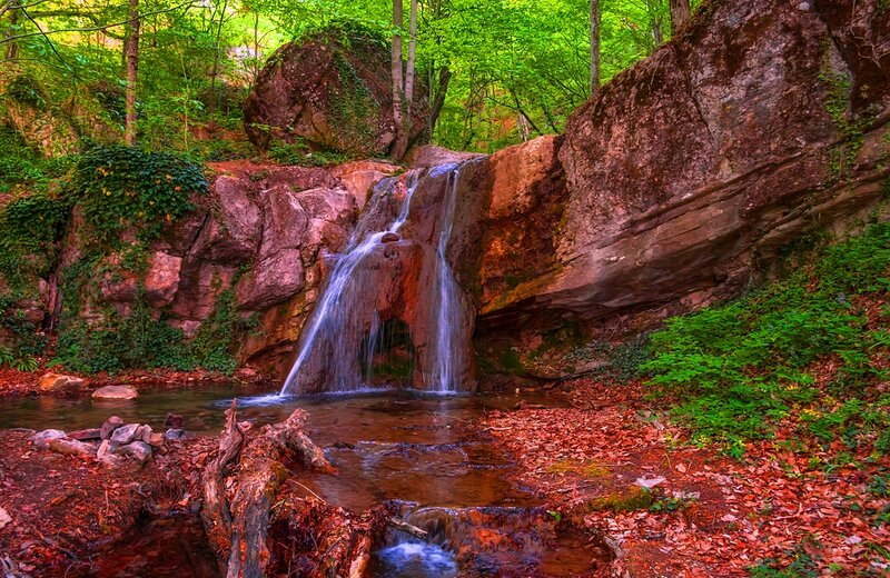 Small Waterfall in Forest — Green, Serene, Summer, Photograph, Rocks