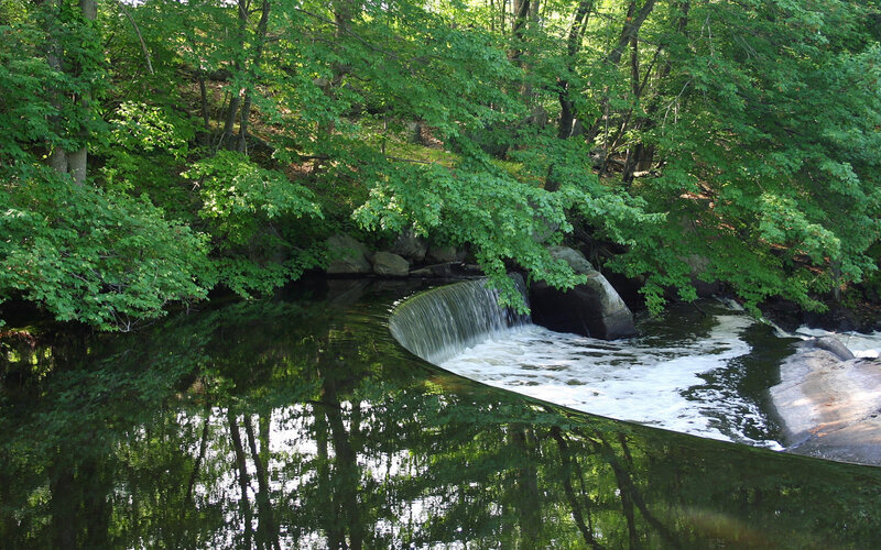 Small Waterfall in Forest — Green, Serene, Summer, Photograph, Trees, River, Rocks