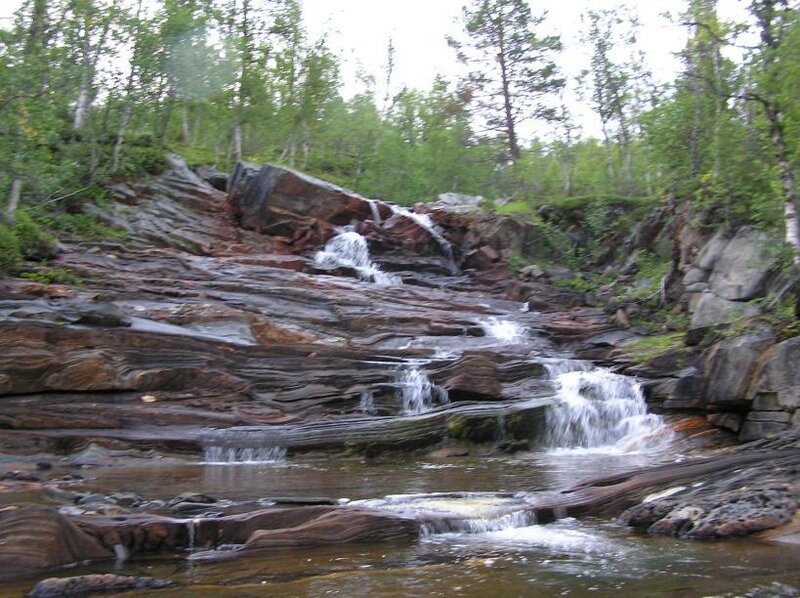 Small Waterfall in Forest — Green, Serene, Summer, Photograph, Trees, Rocks, Stream, Brown, White