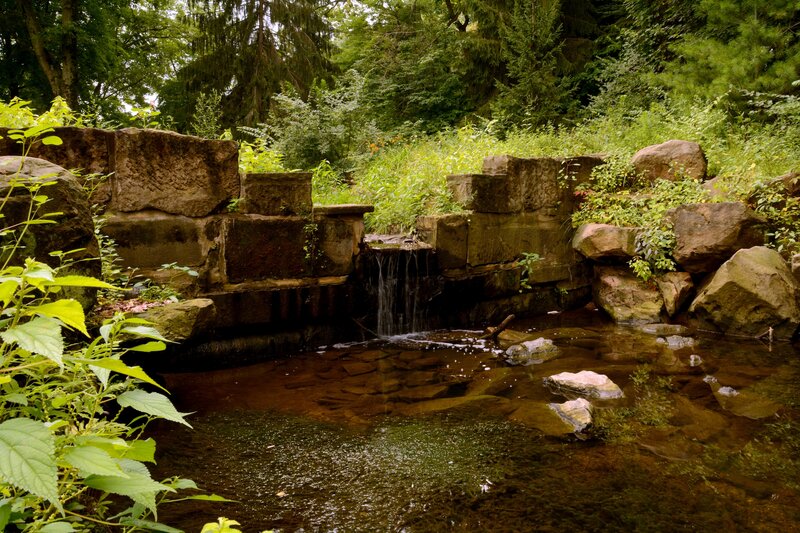 Small Waterfall in Garden — Green, Serene, Afternoon, Photograph, Stream, Rocks