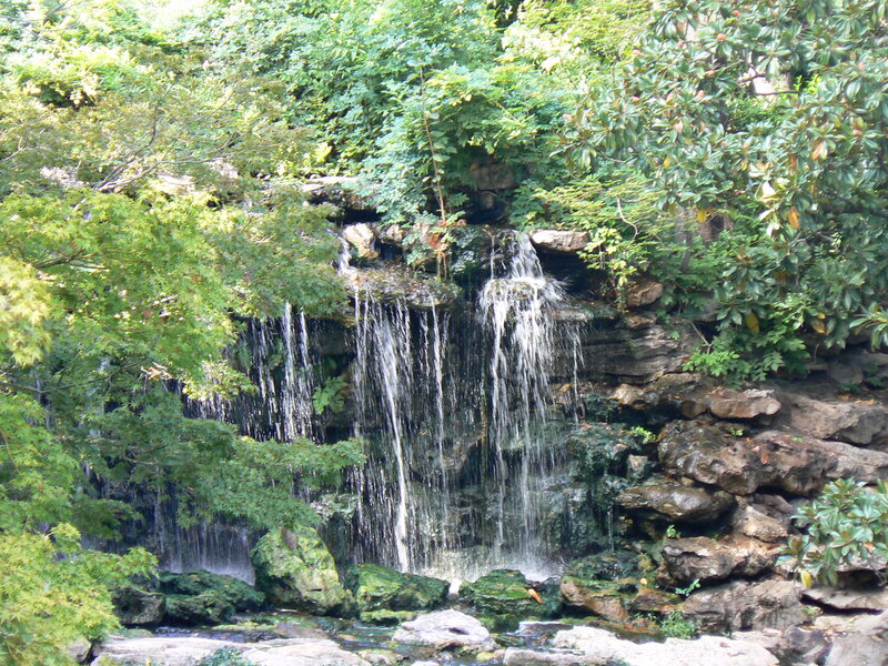 Small Waterfall in Garden — Green, Serene, Afternoon, Photograph, Trees, Rocks, Stream