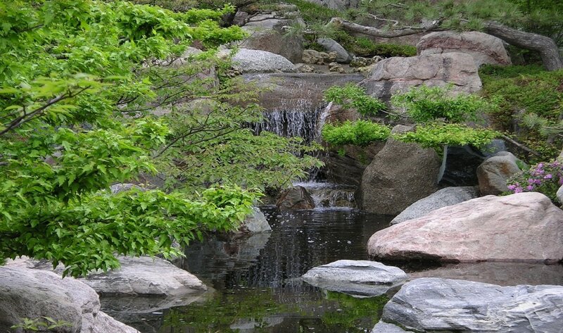 Small Waterfall in Garden — Green, Serene, Spring, Photograph