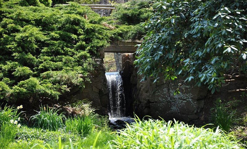 Small Waterfall in Garden — Green, Serene