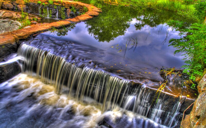 Small Waterfall in Park — Green, Serene, Afternoon