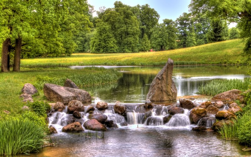 Small Waterfall in Park — Green, Serene