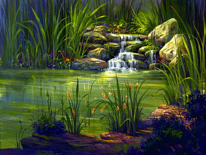 Small Waterfall in Pond — Green