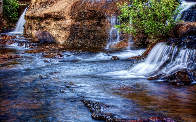 Small Waterfall in Stream — Blue, Serene