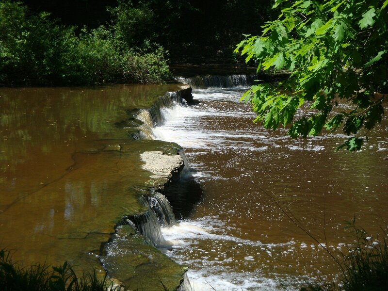 Small Waterfall in Stream — Green, Serene, Afternoon, Photograph, Trees, River