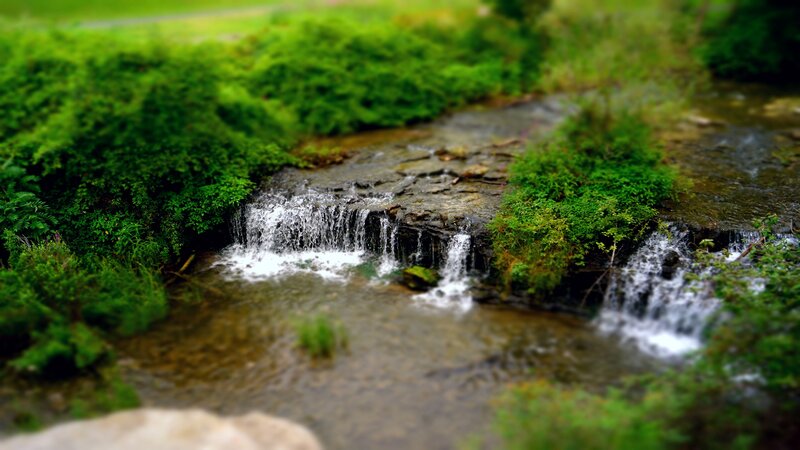 Small Waterfall in Stream — Green, Serene, Photograph, Rocks, Vegetation