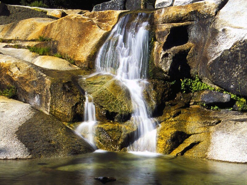 Small Waterfall on Rocks — Brown, Serene, Afternoon, Photograph, Plants, Pool