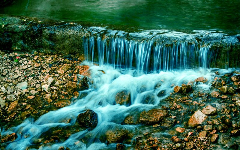 Small Waterfall over Rocks — Blue, Calm