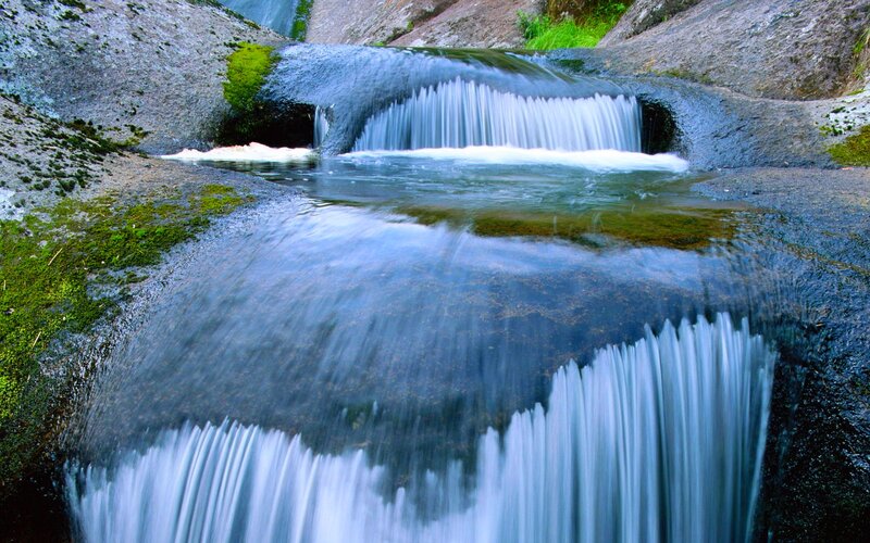 Small Waterfall over Rocks — Blue, Serene, Photograph