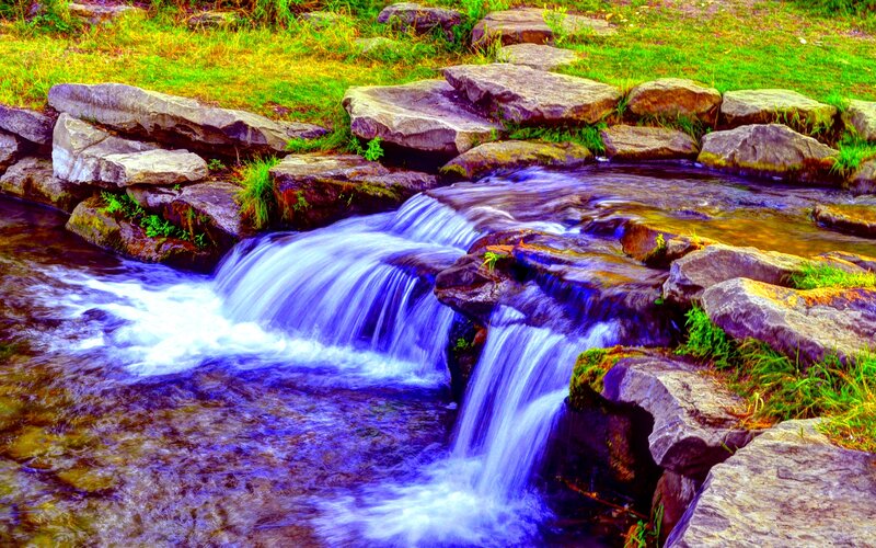 Small Waterfall over Rocks — Blue