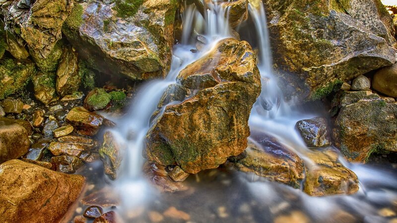 Small Waterfall over Rocks — Brown, Serene, Photograph