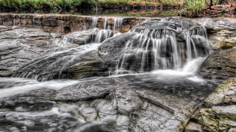 Small Waterfall over Rocks — Gray, Serene, Photograph, Stream