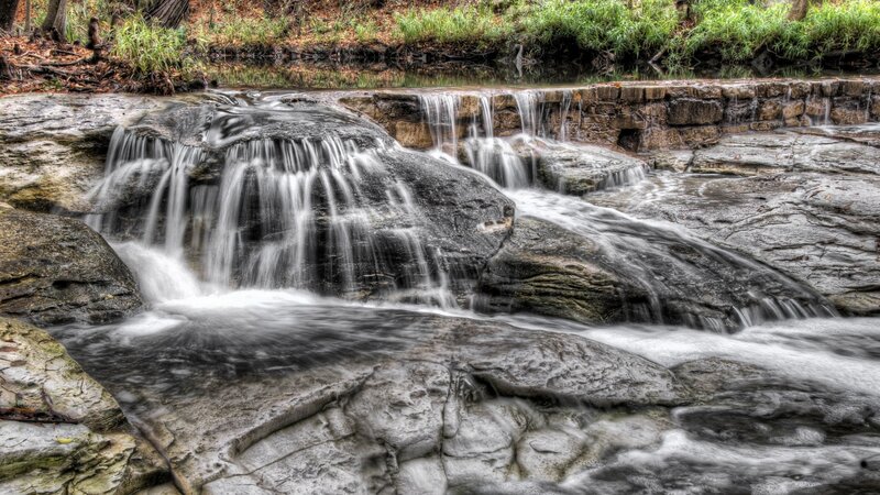 Small Waterfall over Rocks — Gray, Serene, Photograph