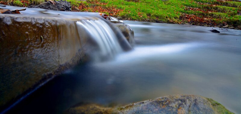 Small Waterfall over Rocks — Green, Serene, Autumn, Photograph