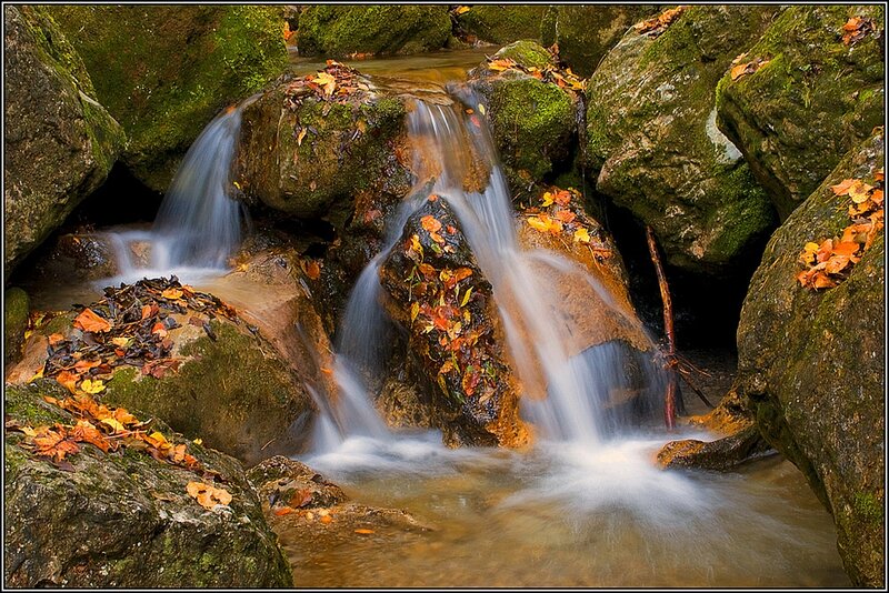 Small Waterfall over Rocks — Green, Serene, Autumn
