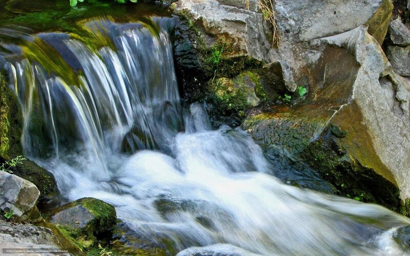 Small Waterfall over Rocks — Green, Serene, Photograph, Moss, Plants