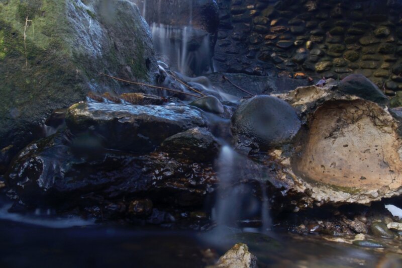 Small Waterfall over Rocks — Green, Serene, Photograph, Moss, Stone Wall