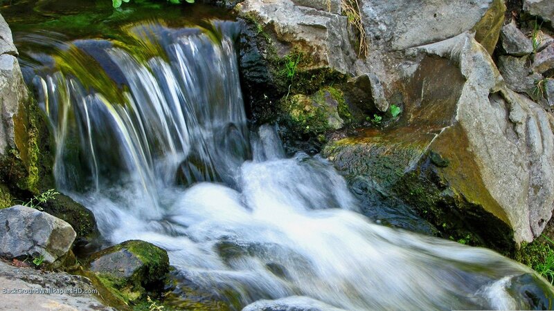 Small Waterfall over Rocks — Green, Serene, Photograph, Moss, Stream