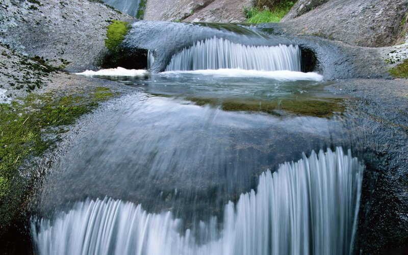 Small Waterfall over Rocks — Green, Serene, Photograph, Moss