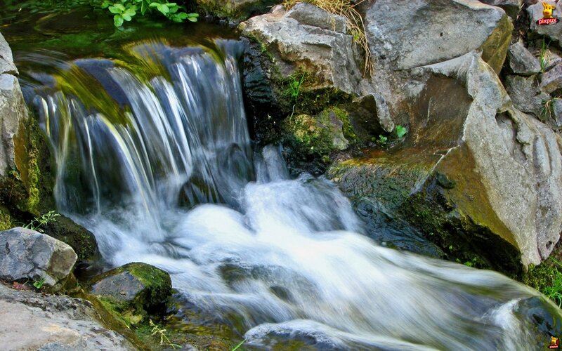 Small Waterfall over Rocks — Green, Serene, Photograph