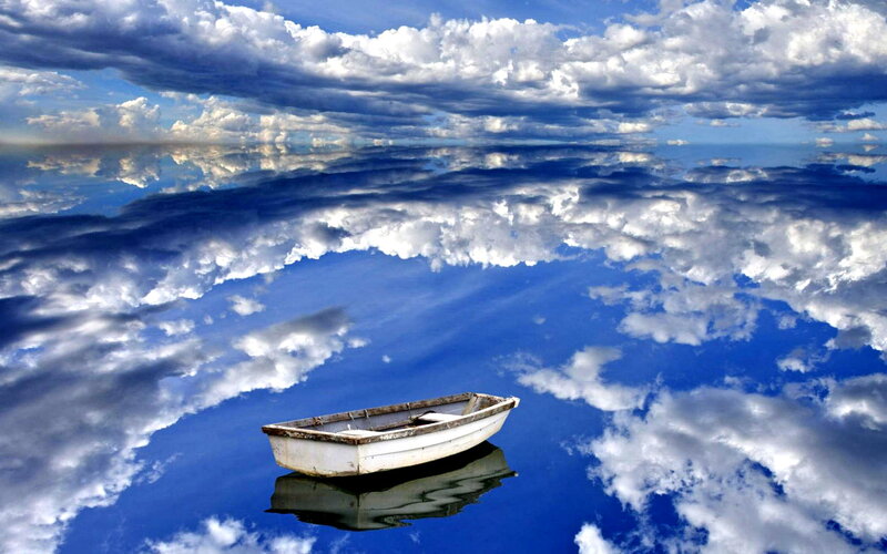 Small White Boat — Blue, Serene, Afternoon