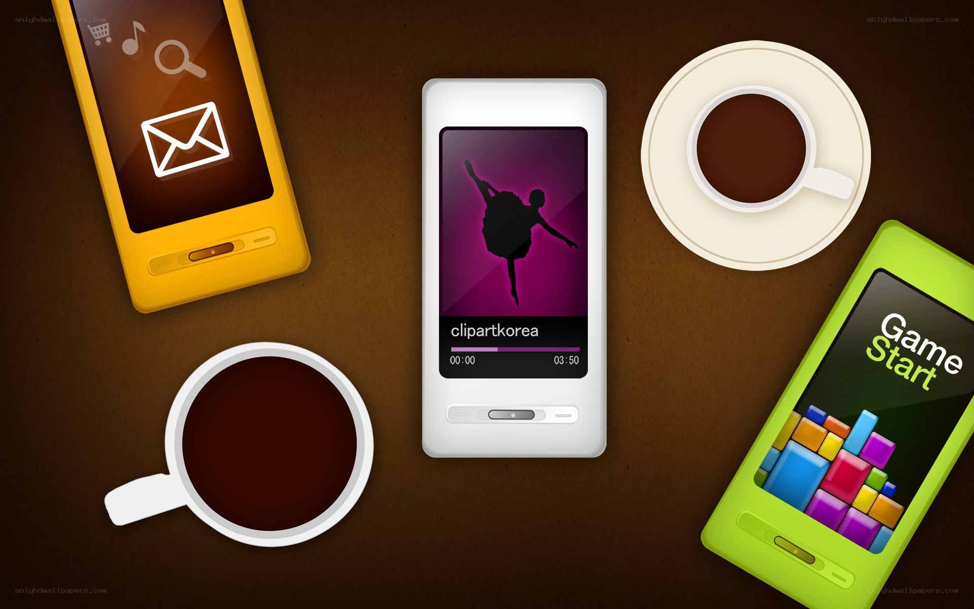 Smartphones with coffee cups