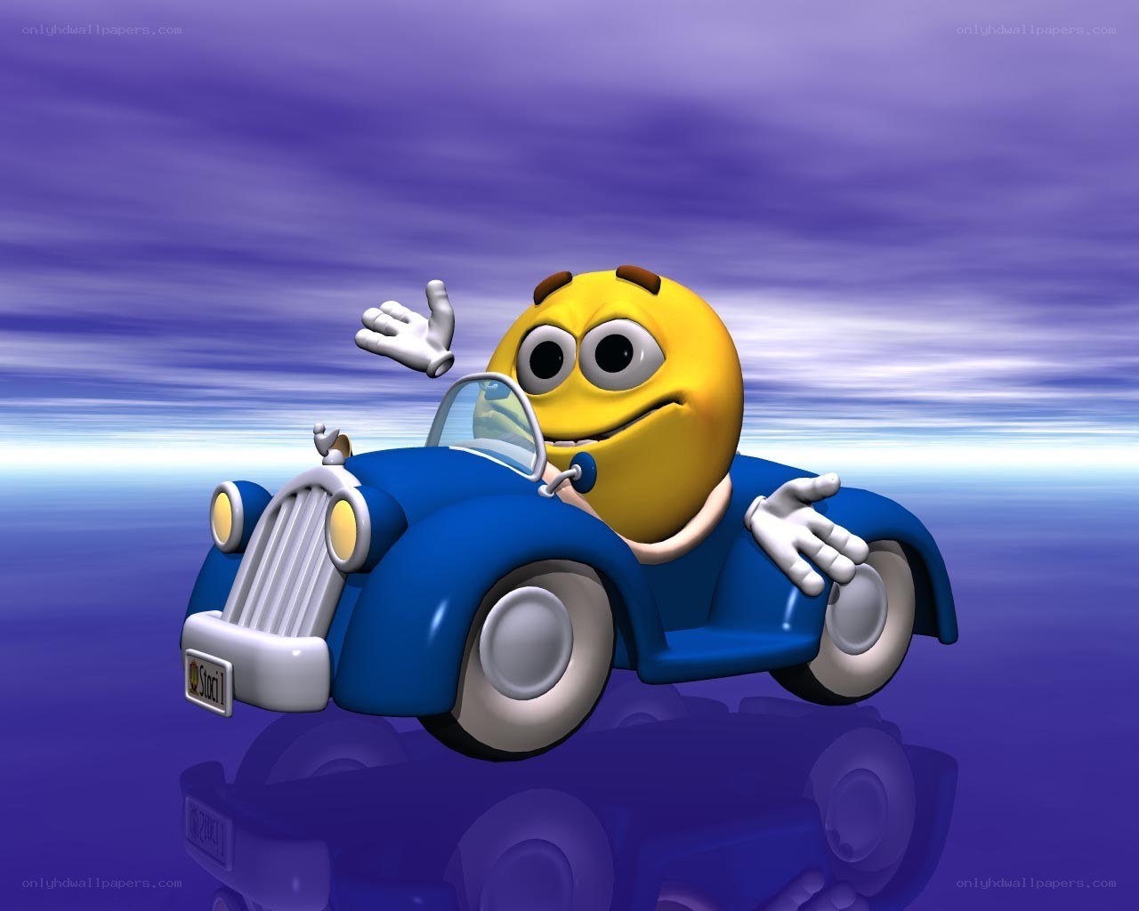 smiley driving a blue car