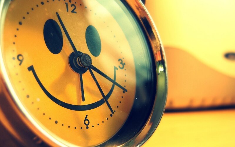 Smiley Face Clock — Yellow, Calm, Photograph, Numbers, Hands