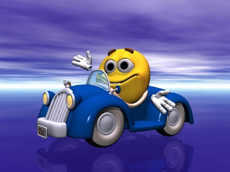 smiley face driving a car
