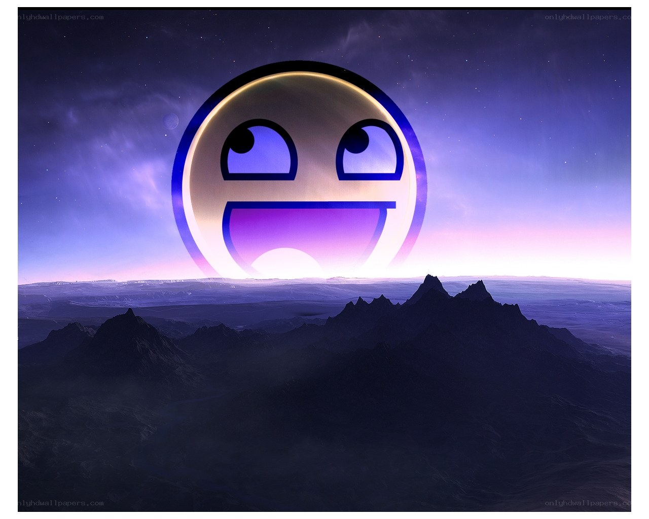 smiley face over alien landscape