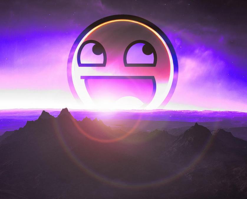 smiley face over purple landscape