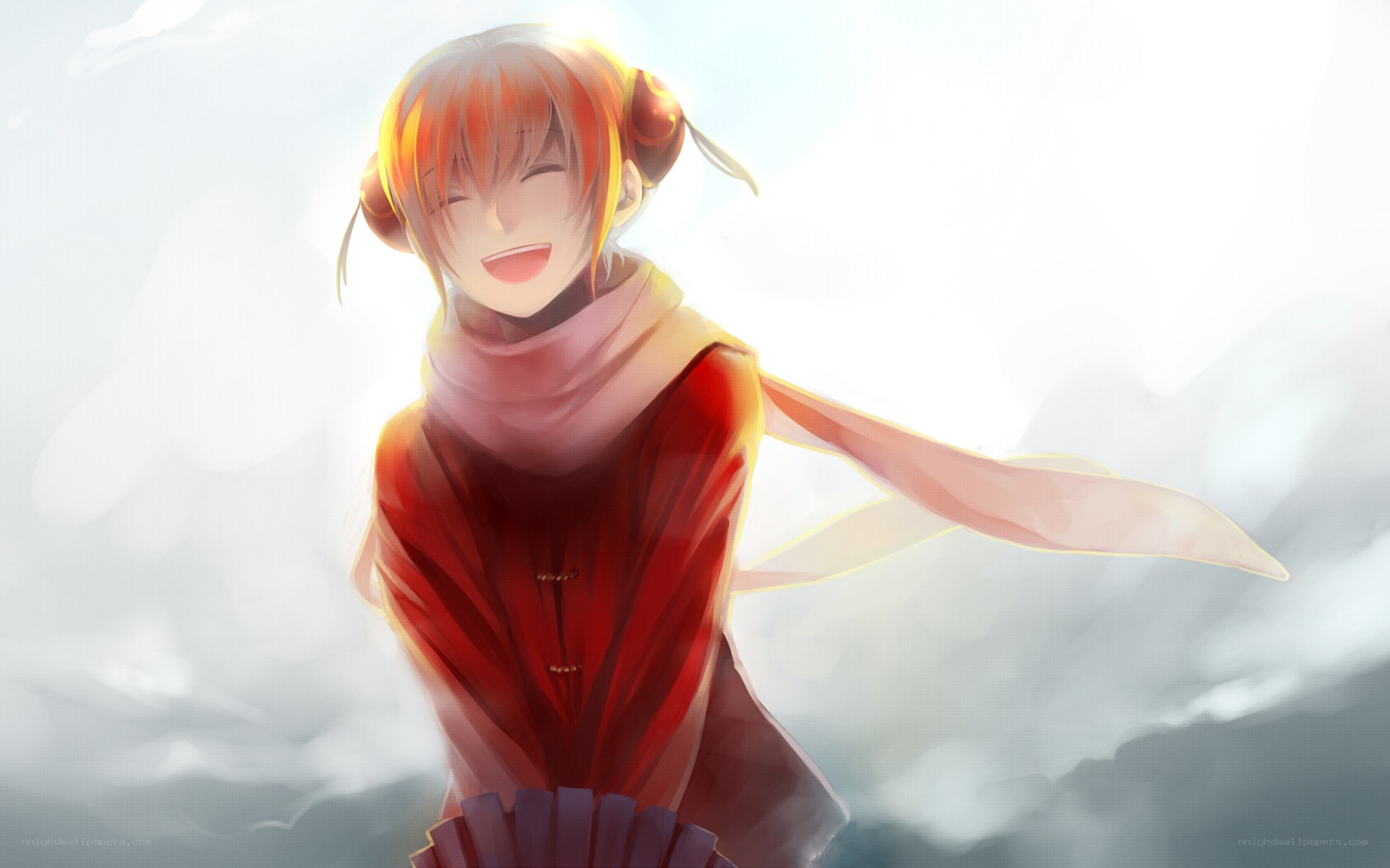 smiling anime girl in red