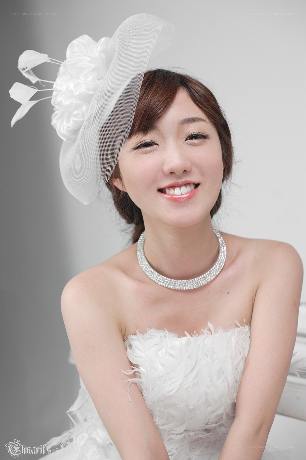smiling bride in white dress
