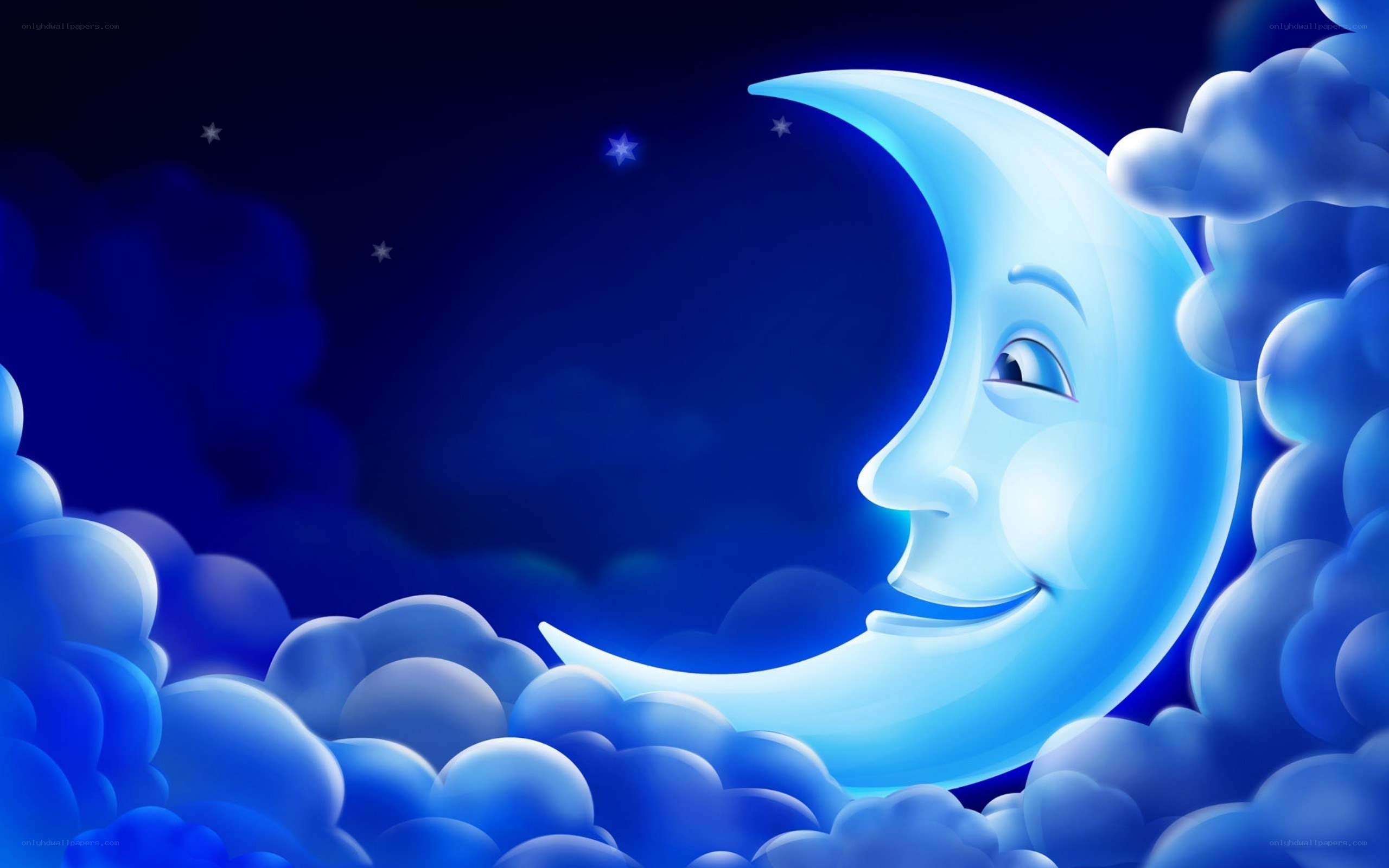 Smiling crescent moon in night sky