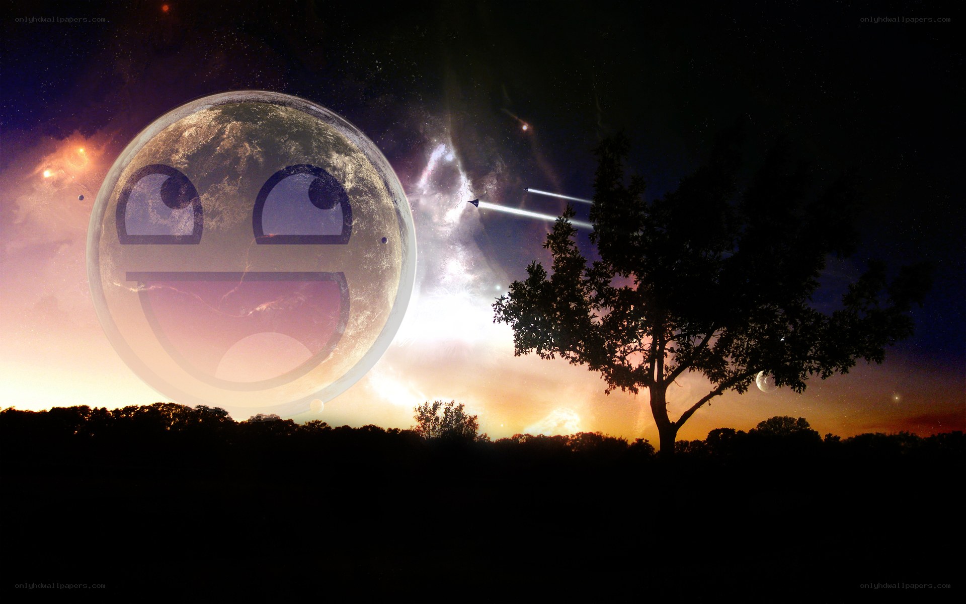 Smiling moon over a tree