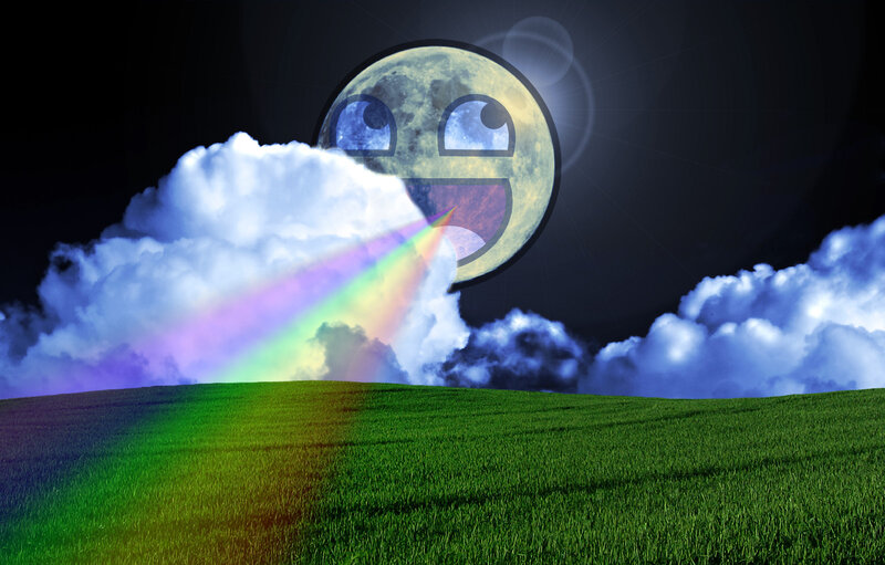 Smiling moon with rainbow beam