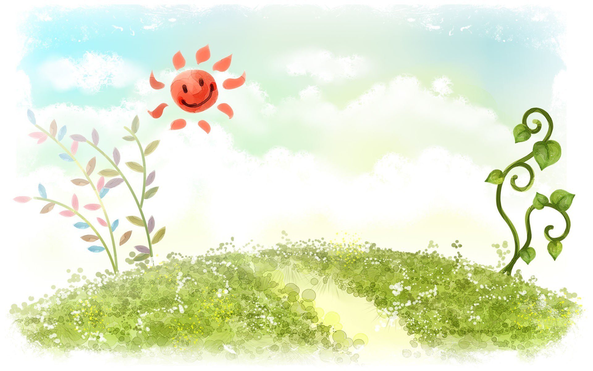Smiling sun over green hills