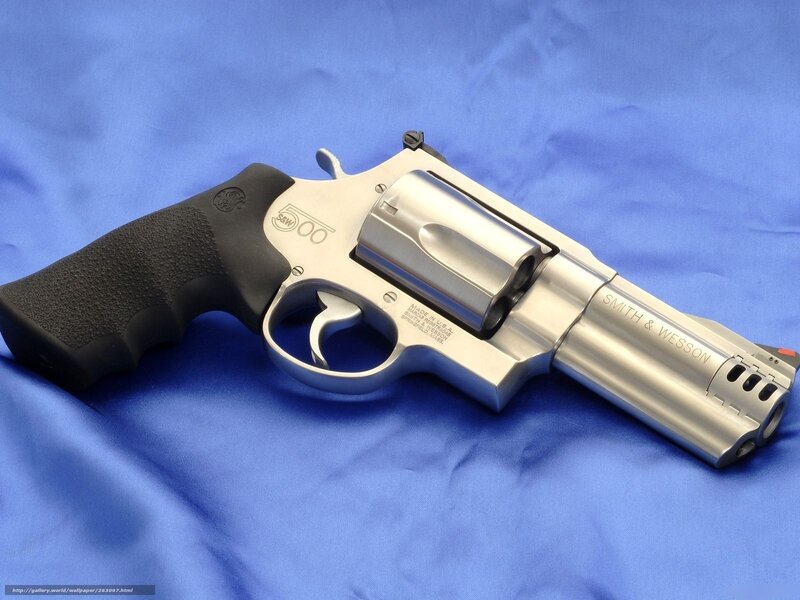 Smith & Wesson Revolver — Silver, Neutral, Photograph, Blue Fabric