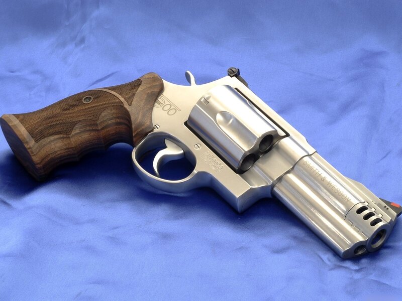 Smith & Wesson Revolver — Silver, Neutral, Photograph, Wooden Grip, Blue Fabric