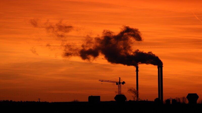 Smoke from Factory Chimneys — Orange, Dramatic, Sunset, Photograph, Crane