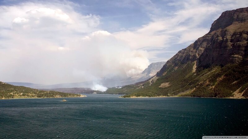 Smoke over Lake and Mountains