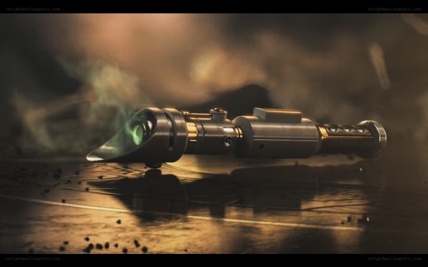 smoking lightsaber on ground